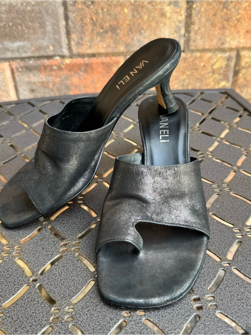 Vaneli Cruz Toe Black Metalic Leather Slide Mules